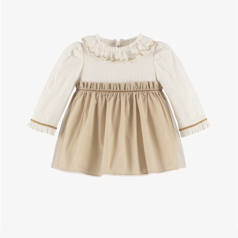 Girls' Cream & Tan Ruffle-Trim Formal Dress